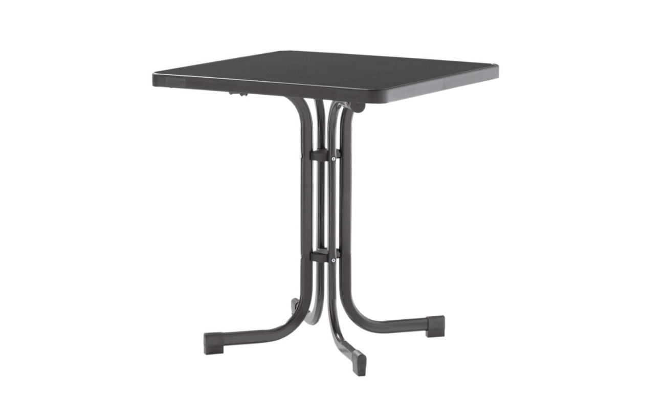 Der Gartenesstisch Mecalit überzeugt mit seinem modernen Design. Gefertigt wurde die Tischplatte aus Kunststoff und hat eine graue Farbe. Das Gestell ist auch aus Metall und hat eine graue Farbe. Der Tisch besitzt eine Länge von 70 cm.
