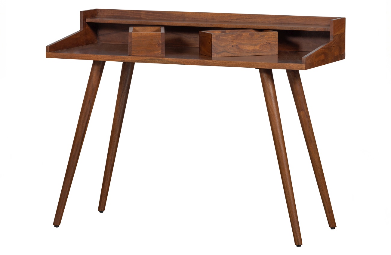 Der Schreibtisch Brik überzeugt mit seinem modernen Stil. Gefertigt wurde er aus Akazienholz, welches einen braunen Farbton besitzt. Das Gestell ist auch aus Akazienholz. Der Schreibtisch besitzt eine Größe 117x50 cm.