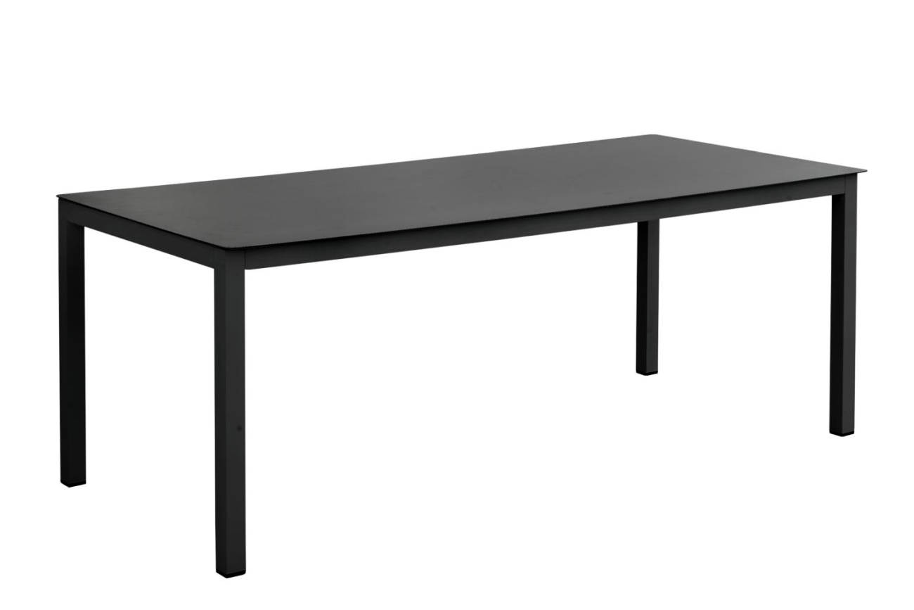 Der Gartenesstisch Rana überzeugt mit seinem modernen Design. Gefertigt wurde die Tischplatte aus Metall und hat eine schwarze Farbe. Das Gestell ist auch aus Metall und hat eine schwarze Farbe. Der Tisch besitzt eine Länge von 200 cm.
