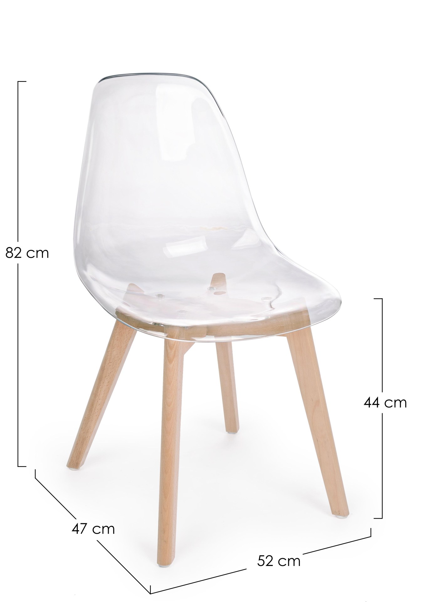 Der Stuhl Easy überzeugt mit seinem modernem aber auch besonderem Design. Gefertigt wurde die Sitzschale aus Kunststoff, welche Transparent ist. Das Gestell ist aus Buchenholz und hat einen natürlichen Farbton. Die Sitzhöhe beträgt 44 cm.