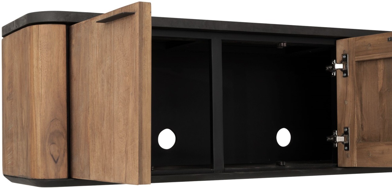 Das TV Board Soho überzeugt mit seinem modernen Design. Gefertigt wurde es aus recyceltem Teakholz, welches einen natürlichen Farbton besitzt. Das Gestell ist aus Metall und hat eine schwarze Farbe. Das TV Board besitzt eine Breite von 190 cm.