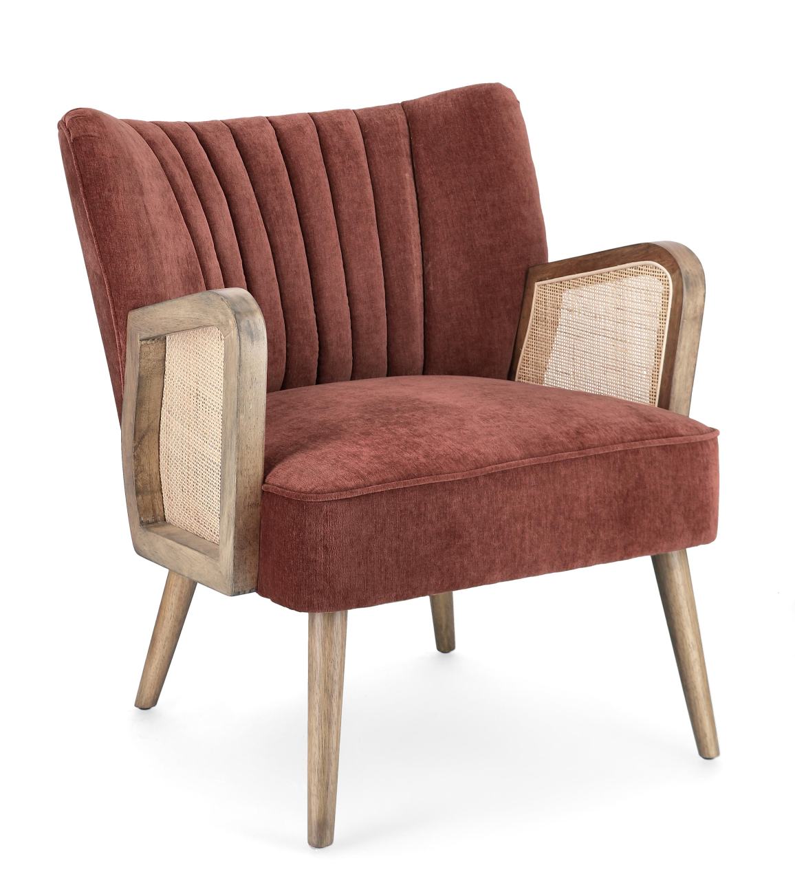 Der Sessel Virna überzeugt mit seinem modernen Stil. Gefertigt wurde er aus einem Stoff-Bezug, welcher einen roten Farbton besitzt. Das Gestell ist aus Kautschukholz und hat eine braune Farbe. Der Sessel verfügt über eine Armlehne.