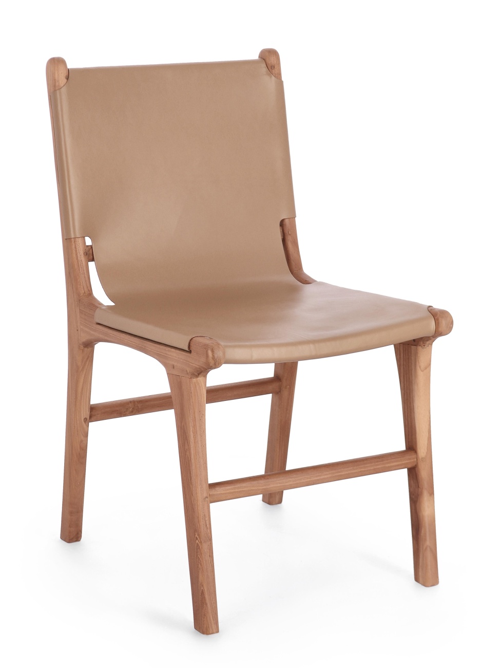 Der Esszimmerstuhl Eugenie überzeugt mit seinem modernen Stil. Gefertigt wurde er aus Leder, welches einen Taupe Farbton besitzt. Das Gestell ist aus Teakholz und hat eine natürliche Farbe. Der Stuhl besitzt eine Sitzhöhe von 45 cm.